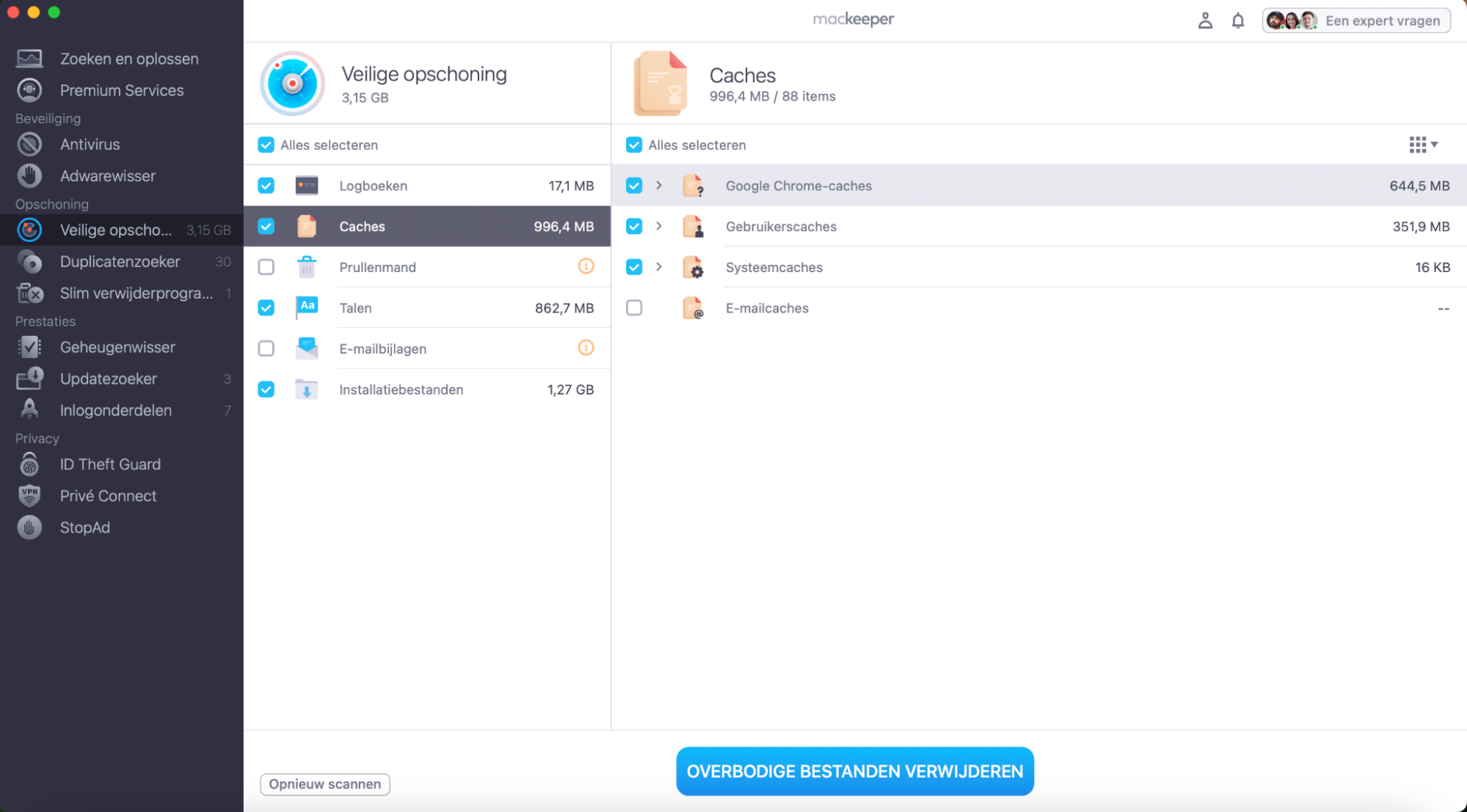 Wanneer de scanresultaten klaar zijn, selecteer je welke soorten gegevens je wilt verwijderen en klik je op de knop Onnodige bestanden opschonen.
