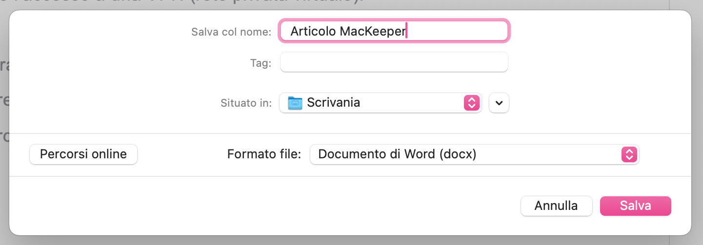 Nel menu Salva con nome, puoi cambiare il nome del file e la posizione in cui viene salvato. Scegli una nuova posizione, poi clicca il pulsante Salva.