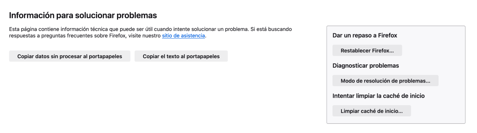 La página de información de solución de problemas de Firefox, con Actualizar Firefox resaltado. Cómo solucionar servicio de cuentas quiere usar el llavero de inicio de sesión.