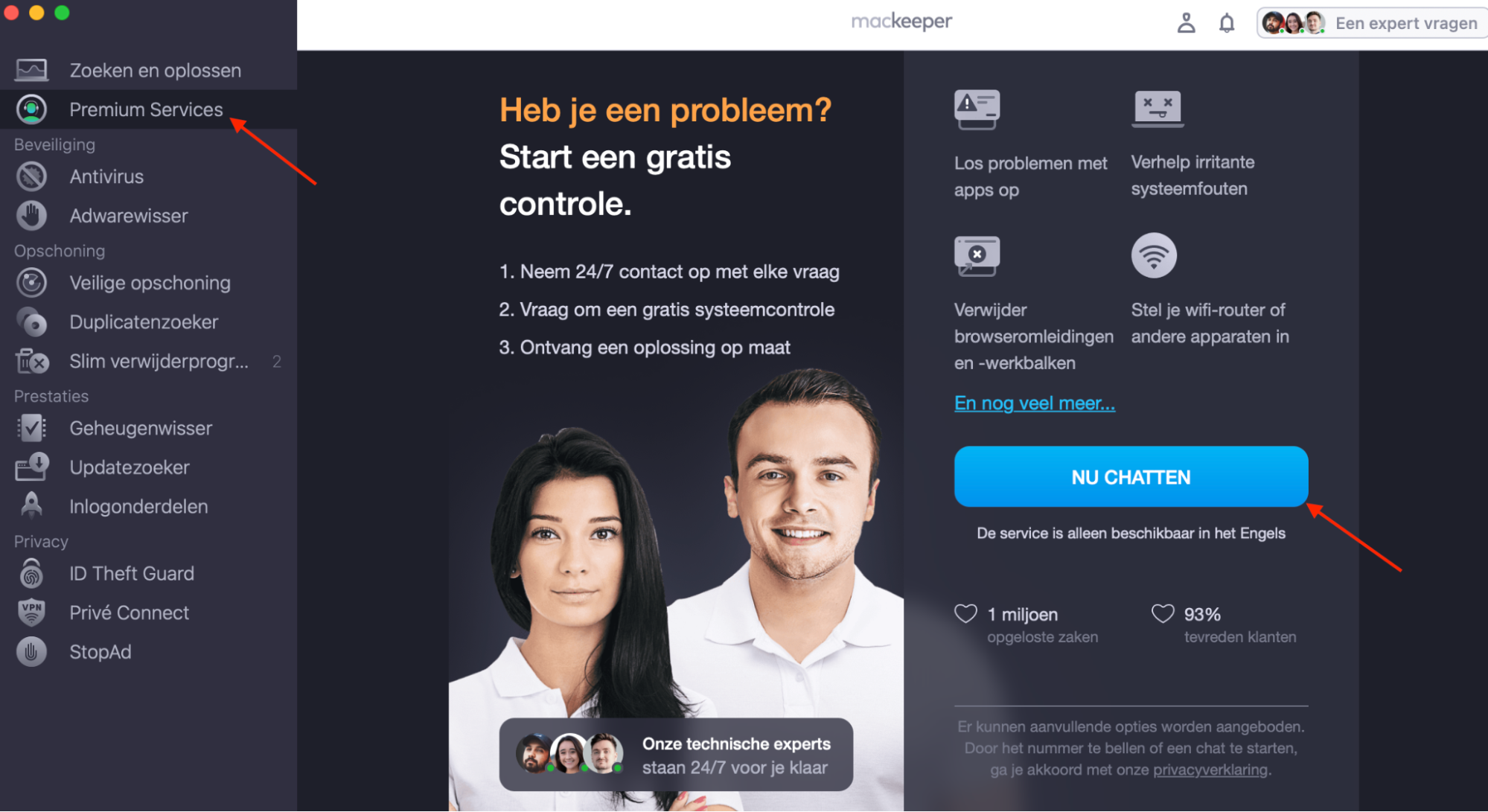 MacKeeper op de Mac toont het scherm Premium Services. Klik op Nu chatten om ondersteuning te krijgen van de experts van MacKeeper.