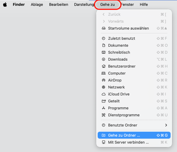 Teil eines Finder-Fensters auf dem Mac. Das Menü Gehe zu ist geöffnet, Gehe zum Ordner ist hervorgehoben. Schritt eins der Anleitung zum manuellen Löschen des E-Mail-Caches auf dem Mac.