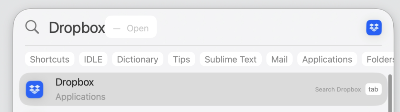 macOS Spotlight search bar with Dropbox typed in and the Open result shown, used to relaunch the app and bring back its menu bar icon.