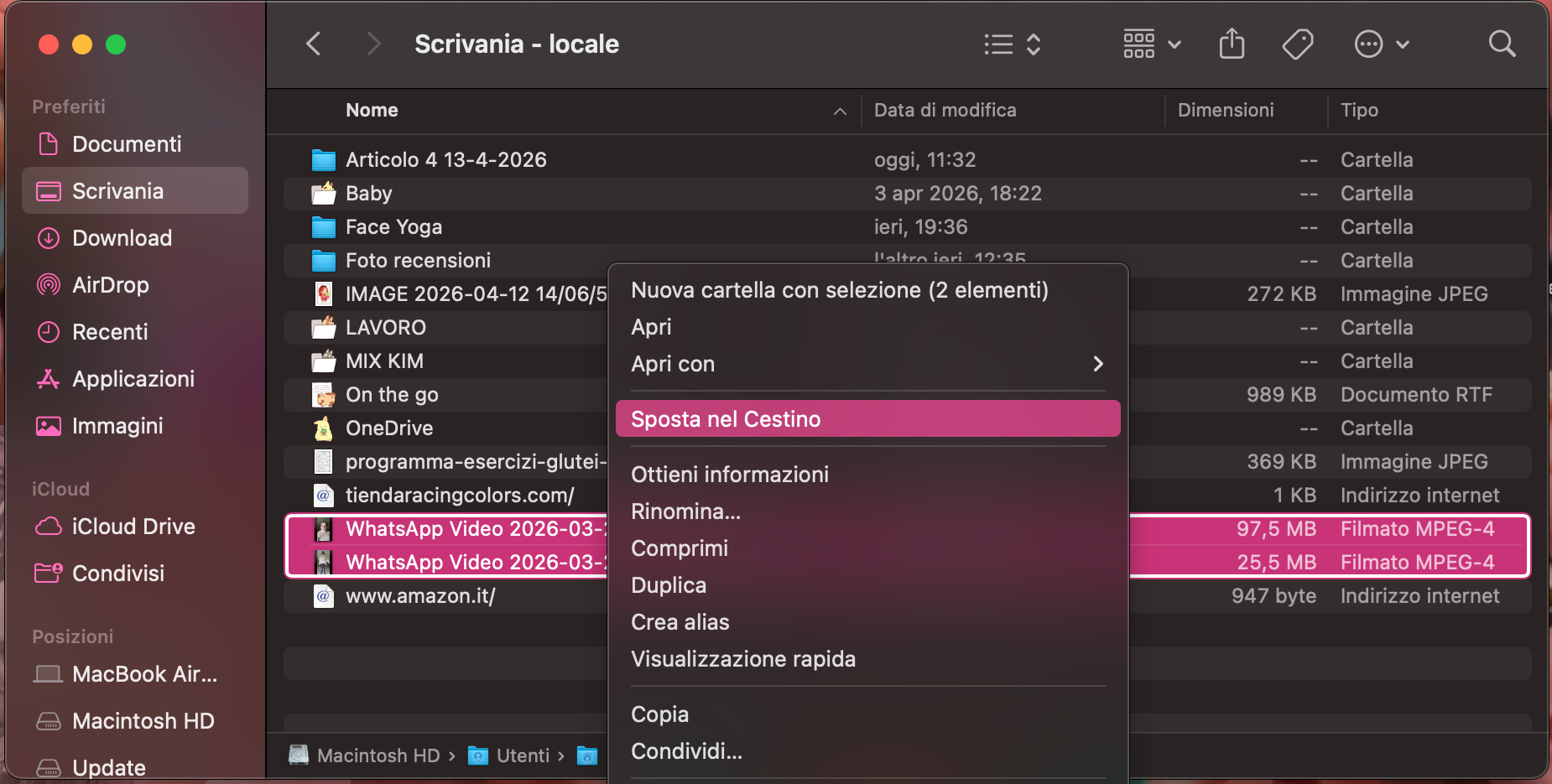 Come ultimo passaggio per riordinare la scrivania, dopo aver selezionato tutti i file non necessari, fai clic con il tasto destro e scegli l’opzione Sposta nel Cestino.