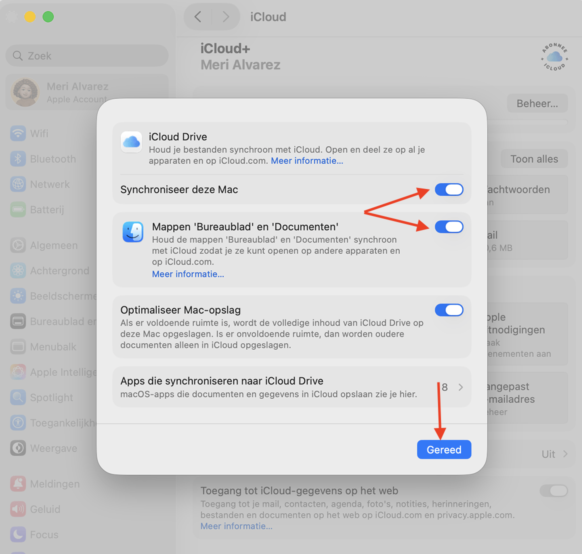 Systeeminstellingen op Mac met de opties voor iCloud Drive. Stel je voorkeuren in en klik vervolgens op Gereed om bestanden van Mac naar Mac te verplaatsen via iCloud-opslag.