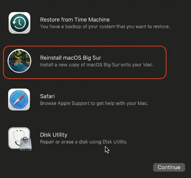 macOS Recovery app on an Intel Mac with Reinstall macOS selected after erasing the disk to restore the Apple computer to factory state.