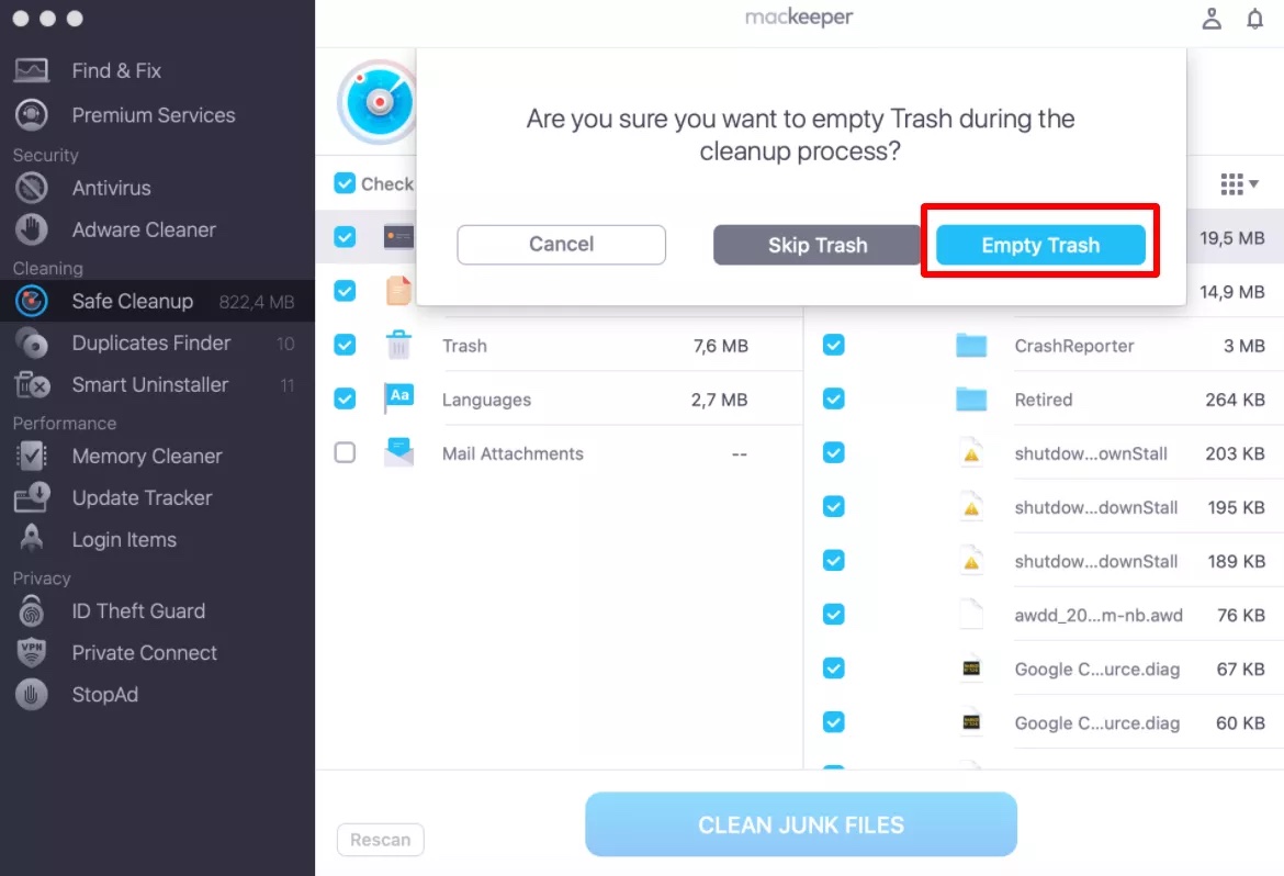 To remove all selected junk files, click Empty Trash to confirm.