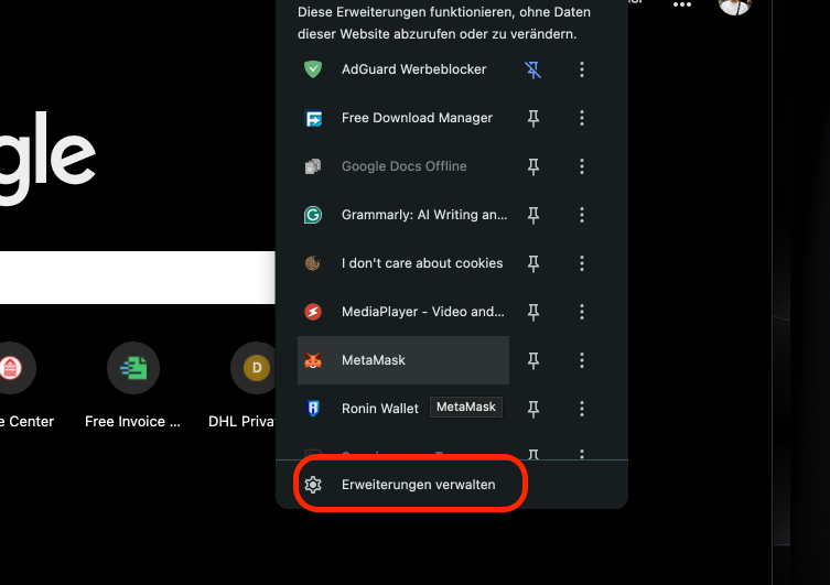 Wählen Sie im Dropdown-Menü die Option Erweiterungen verwalten.