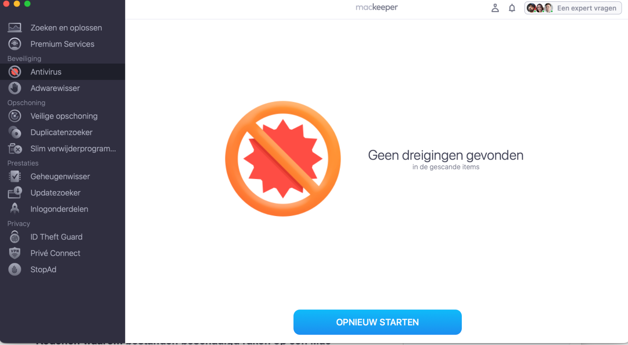 Als de Antivirus van MacKeeper een bedreiging detecteert, zie je deze na de scan. Verwijder deze of verplaats naar quarantaine volgens de instructies op het scherm.