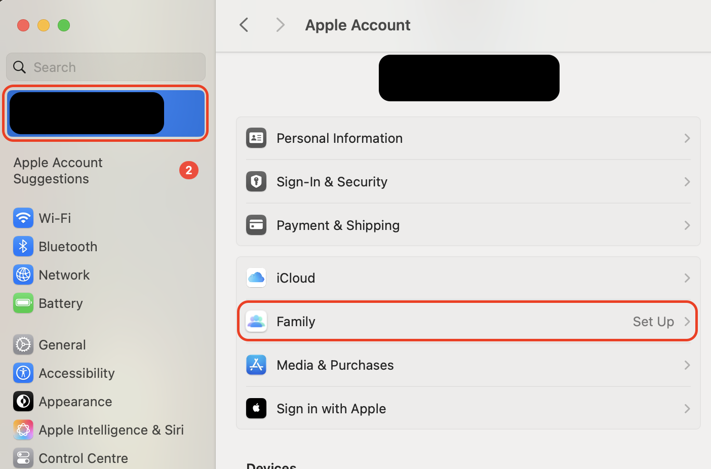 Open System Settings on your Mac, click your name, and select Family to review your group members and confirm each shared feature is enabled.