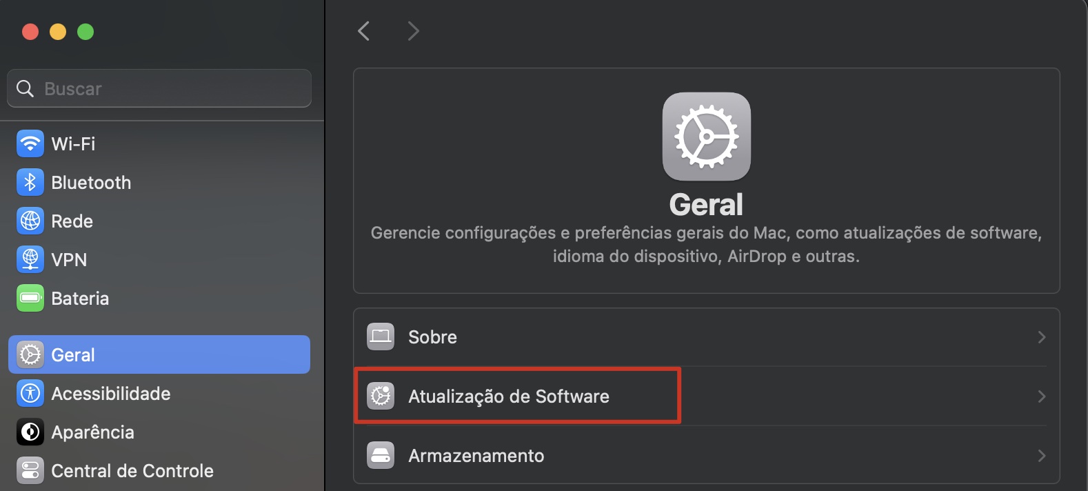 Abra os Ajustes do Sistema do seu Mac, clique em Geral e depois em Atualização de Software. Aqui você poderá verificar se as atualizações de segurança estão ativadas.