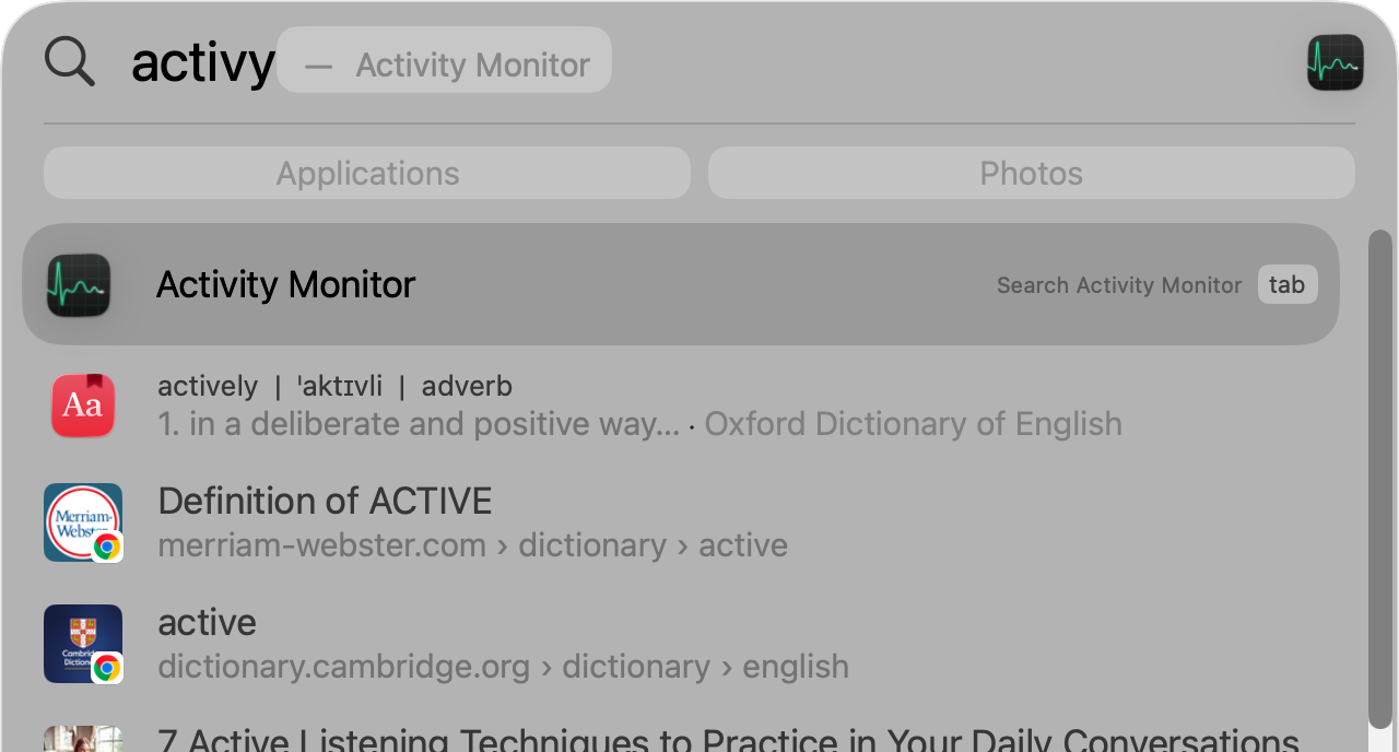 It's a good idea to make sure that Discord has fully quit and isn't still running in the background. Press Cmd+Spacebar to open Spotlight, and search for and run Activity Monitor.