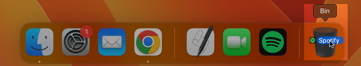 Dock on a MacBook showing the Spotify icon being dragged onto the Bin icon as an alternative way to delete the app.