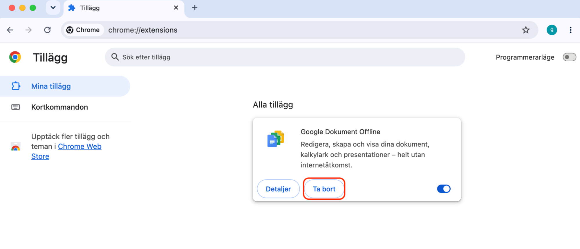 I listan över Google Chrome-tillägg klickar du på knappen 'Ta bort' för ett tillägg och klickar sedan på 'Ta bort' igen för att bekräfta.