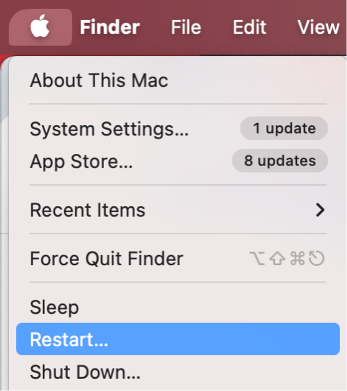 To perform a clean install from a bootable installer and see if that fixes the installer information on the recovery server is damaged error on your Mac, click the Apple icon in the menu bar and restart your device.