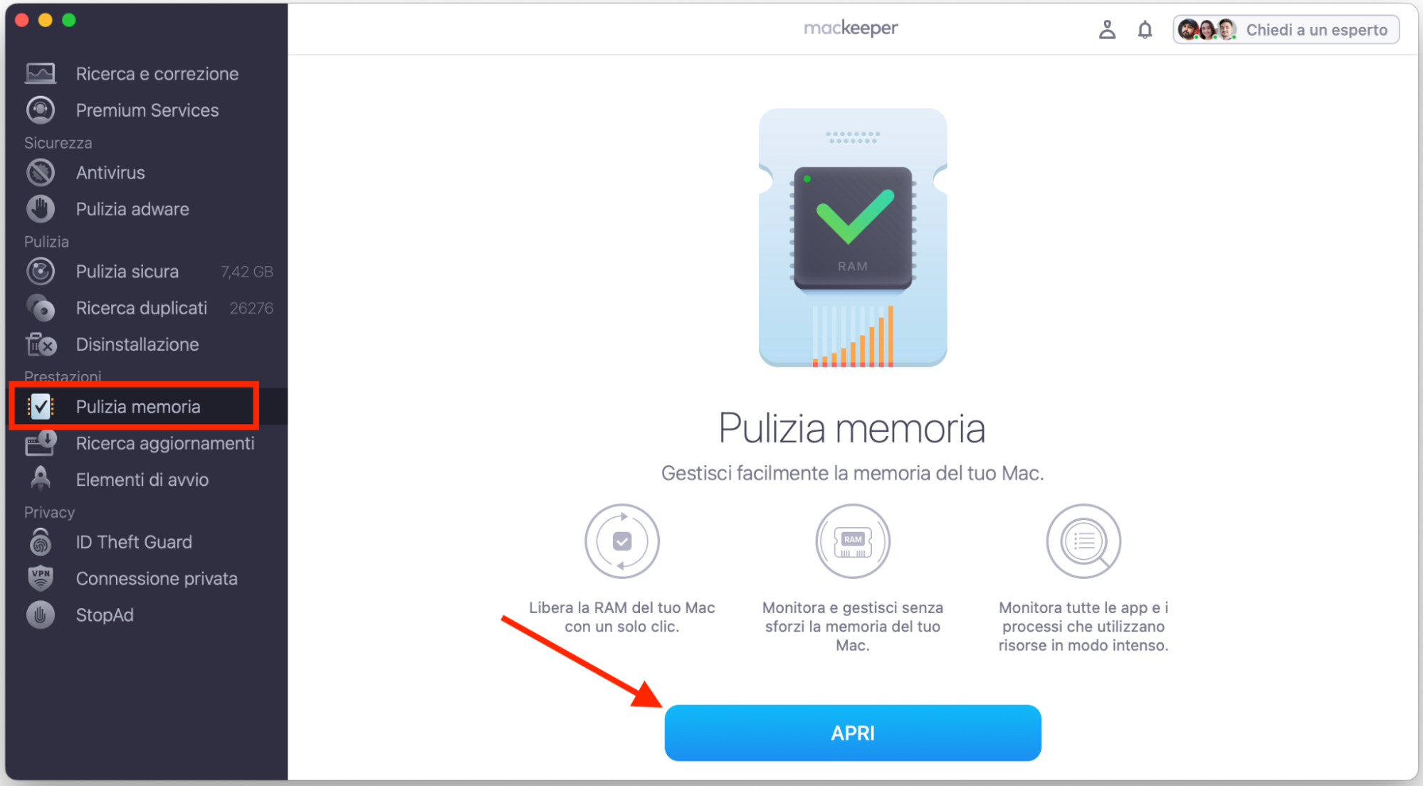Usa MacKeeper per liberare la RAM del tuo Mac aprendo la Pulizia Memoria.
