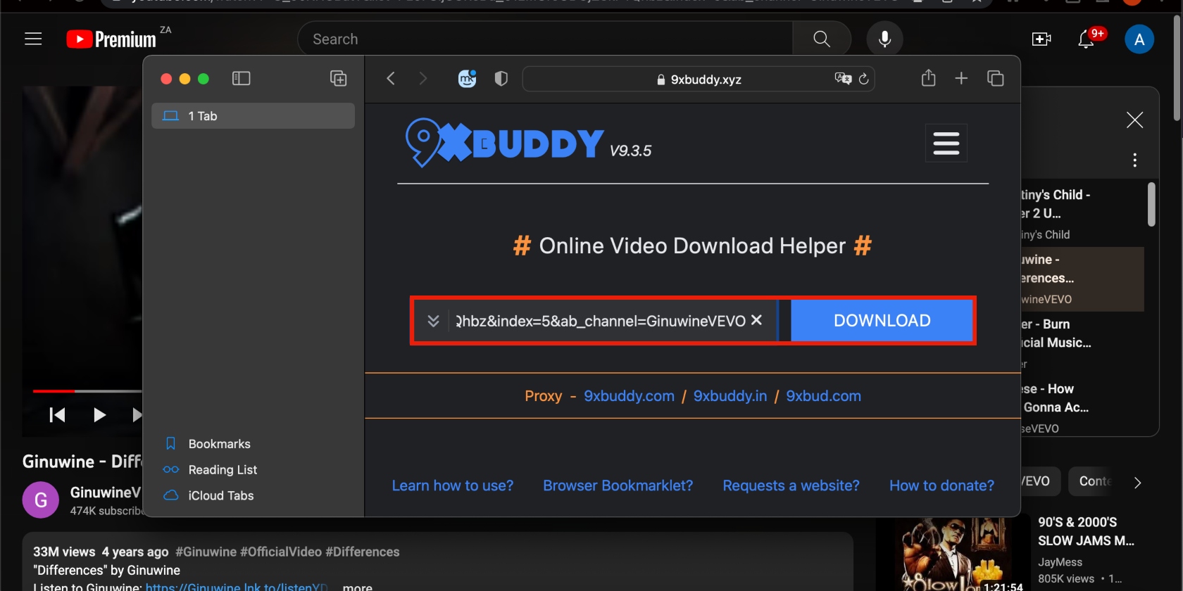 downloading a YouTube video using an online converter in the Safari browser on a Mac by using an online video downloading site. Enter the link to the video and click on the Download button