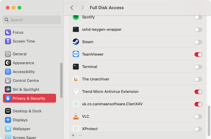 In the Full Disk Access section, scroll down through the list until you find the Terminal listing. Click the toggle icon to turn it on. In the Full Disk Access section, scroll down through the list until you find the Terminal listing. Click the toggle icon to turn it on.