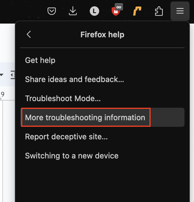 Firefox’s Help menu open and More Troubleshooting Information highlighted. How to reset Firefox, as part of a guide on how to stop fake McAfee pop-ups on Mac.