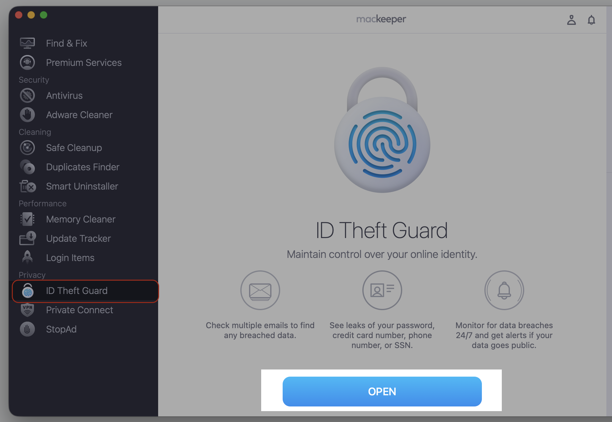 MacKeeper’s ID Theft Guard open on a MacBook, with the Open button selected to start scanning your Apple device for data breaches.