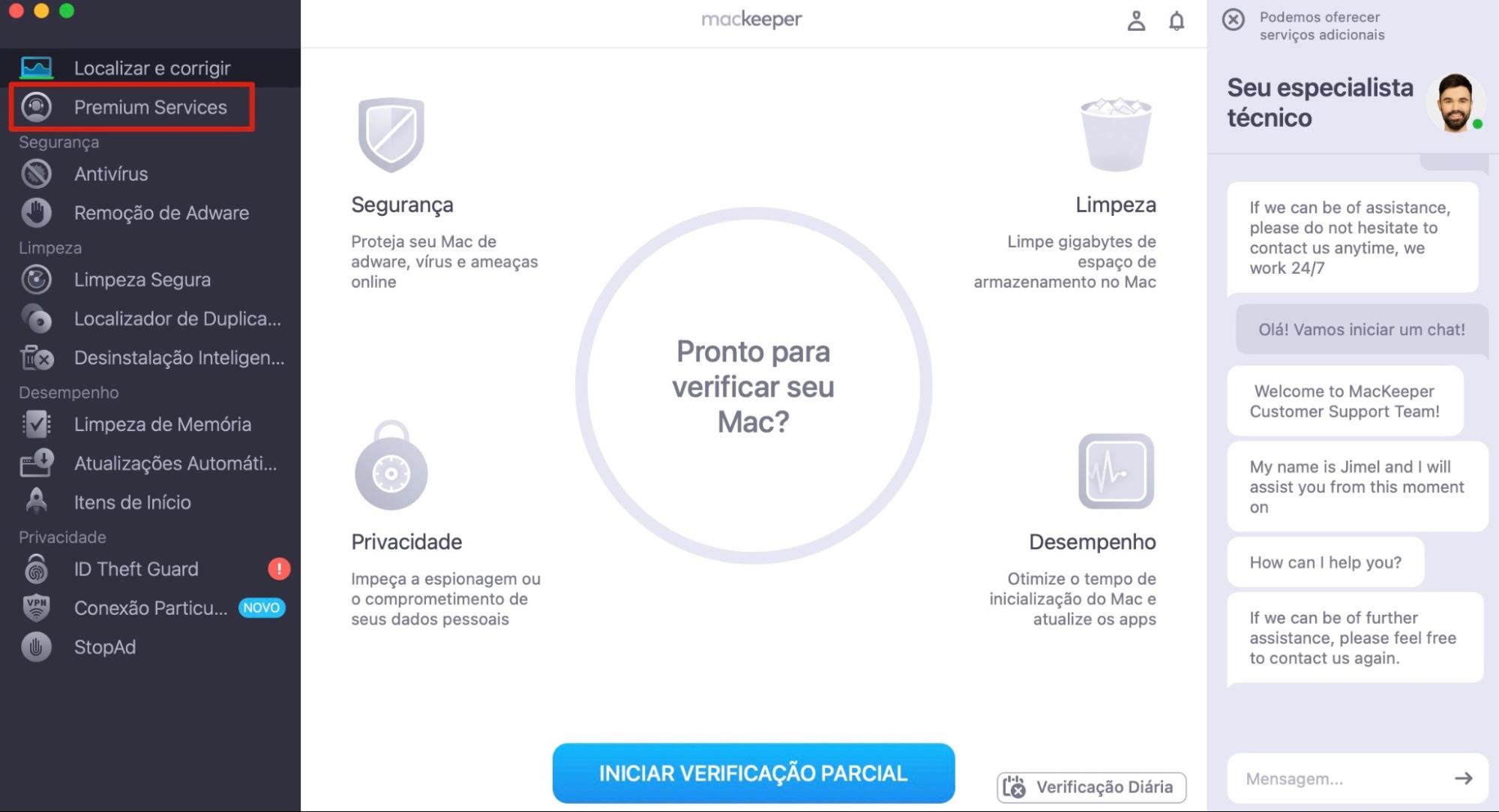 A tela inicial do MacKeeper, com Premium Services destacado na barra lateral. Como corrigir a Touch Bar no MacBook Pro: entre em contato com o suporte da Apple.