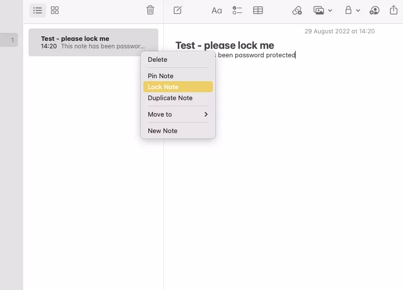 Password protecting a file in Apple Notes.