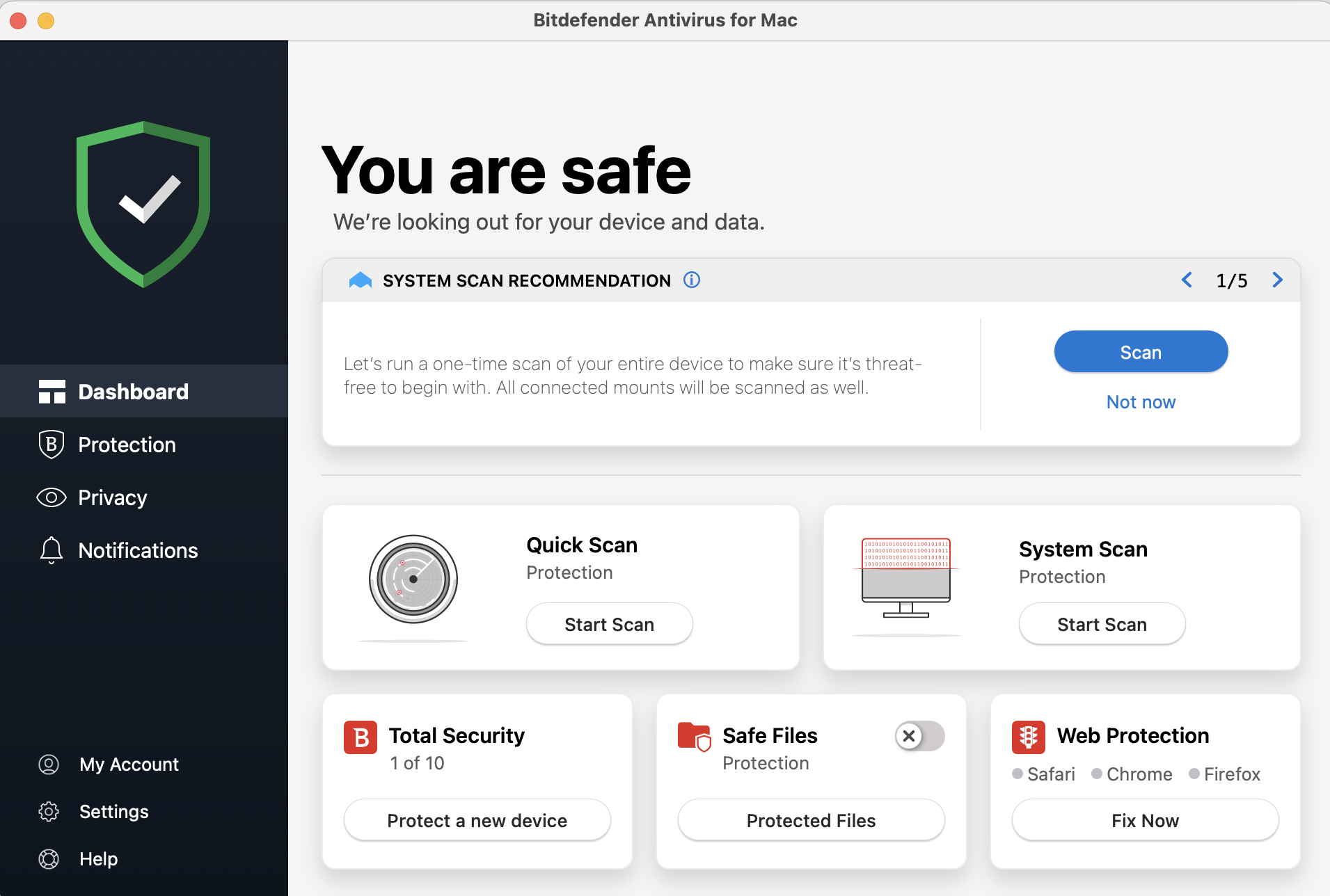 Bitdefender Antivirus for Mac’s dashboard, with a recommendation for a system scan shown. Part of Bitdefender review, Bitdefender vs MacKeeper.