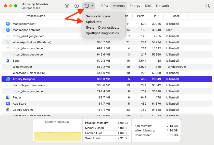 Activity Monitor on Mac shows a list of all running processes. To launch Spindump, first select a process, open the menu at the top of the window, then click Spindump.