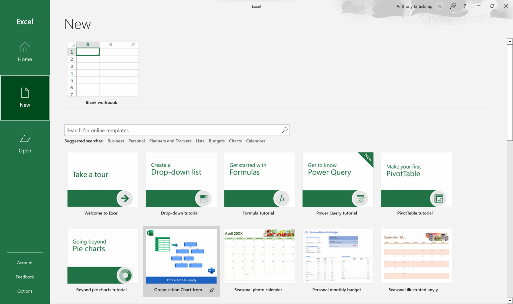 The 'New' document menu for Excel on Windows offers all kinds of advanced tasks, and includes manuals on things like Power Query.