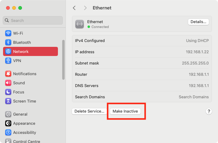 Turning off your Ethernet is as simple as click the 'Make Inactive' button. To reverse the process, just click the button again, and Ethernet will automatically reconnect.