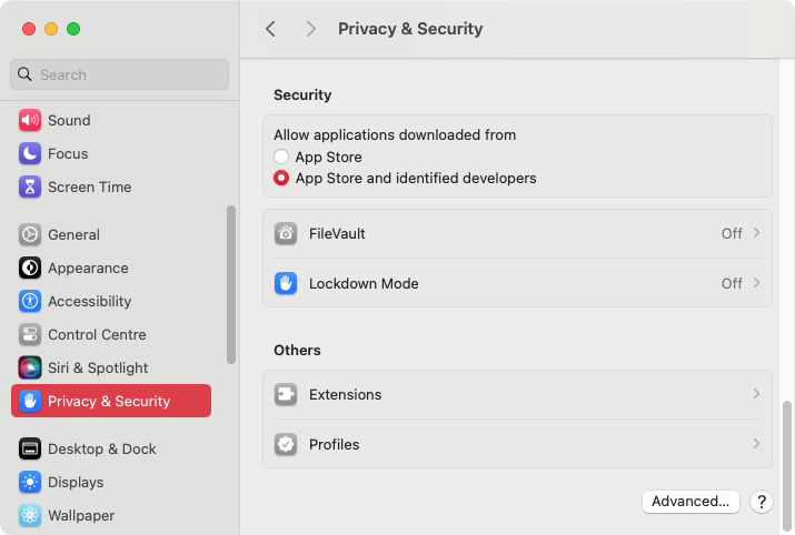 In your Mac's System Settings, go to the 'Privacy & Security' section, scroll down, then open up the 'Profiles' settings.