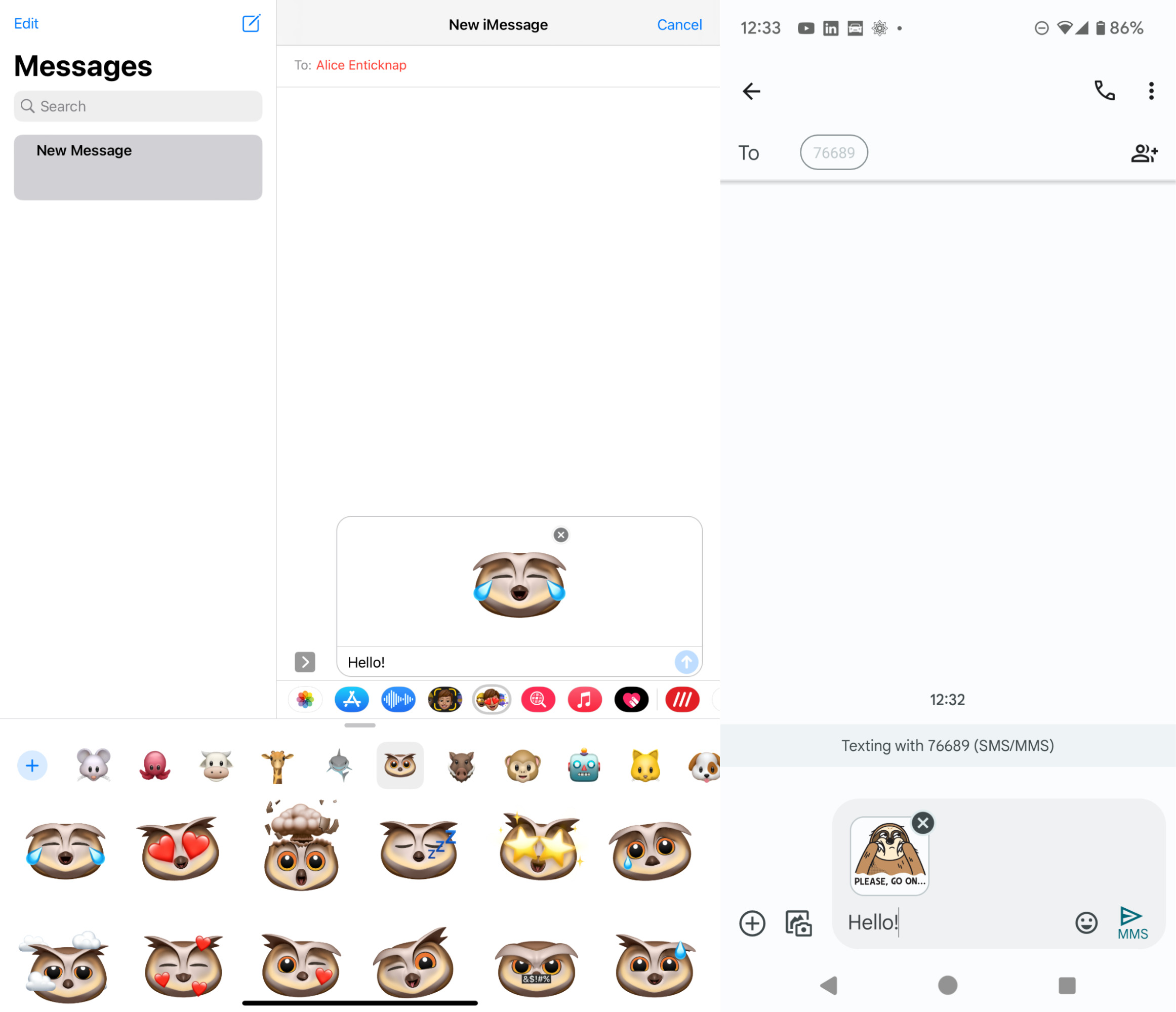 A message being written in iMessages on an iPad. As well as text, a sticker has been added to the message. This is easy and intuitive to use. And A message being written in Messages on an Android phone. This may look different on some Android devices with their own messaging apps. 