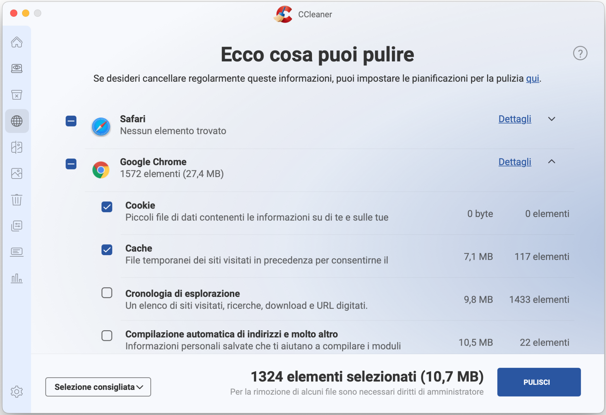 Utilizza la pulizia automatica del browser per liberarti di cache, cronologia di navigazione e vari altri dati che potrebbero occupare spazio sul tuo Mac. Spunta queste caselle e seleziona Pulisci.