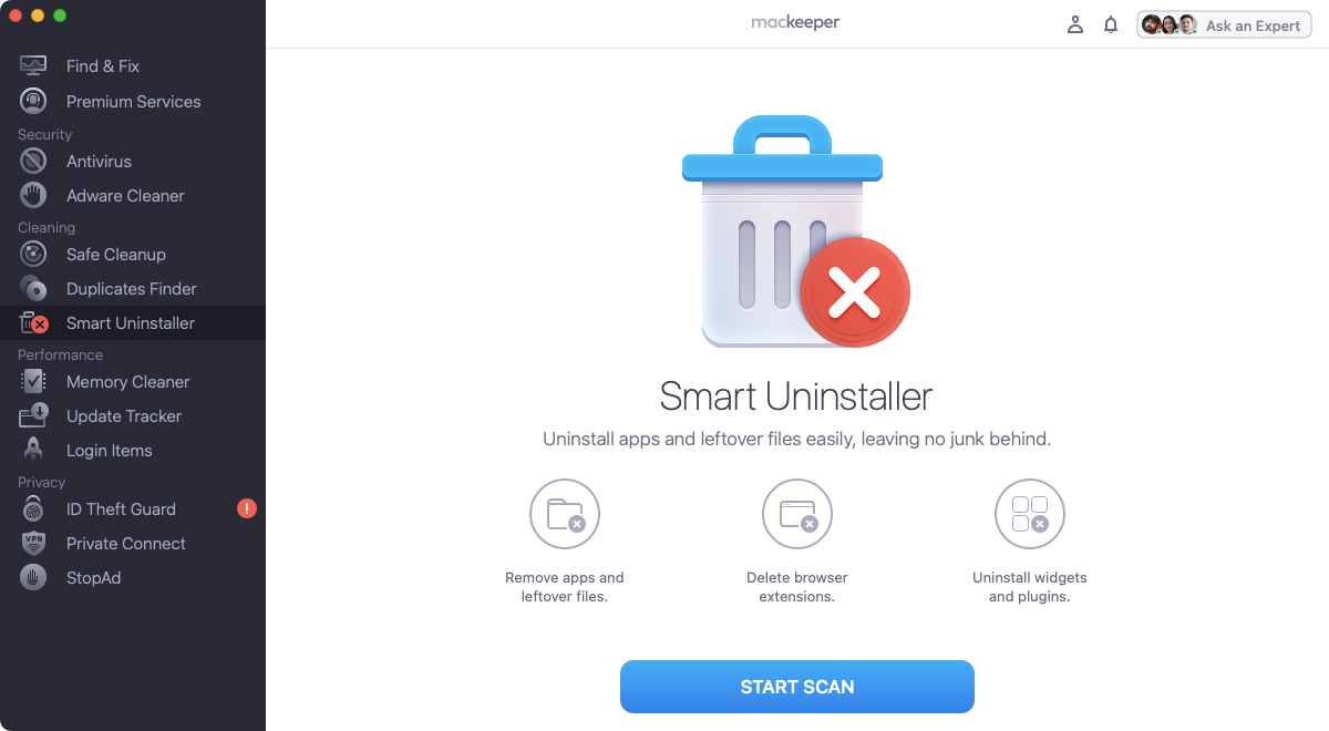 You can remove apps from your Mac quickly using MacKeeper's Smart Uninstaller function. Open it up and then click the 'Start Scan' button.