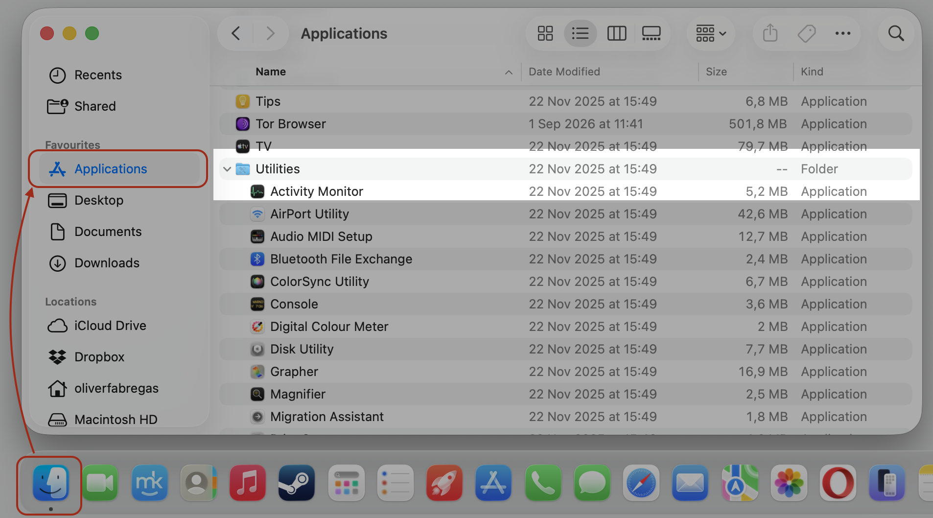 Finder Applications window on a Mac with the Utilities folder open to launch Activity Monitor and check background Dropbox processes.