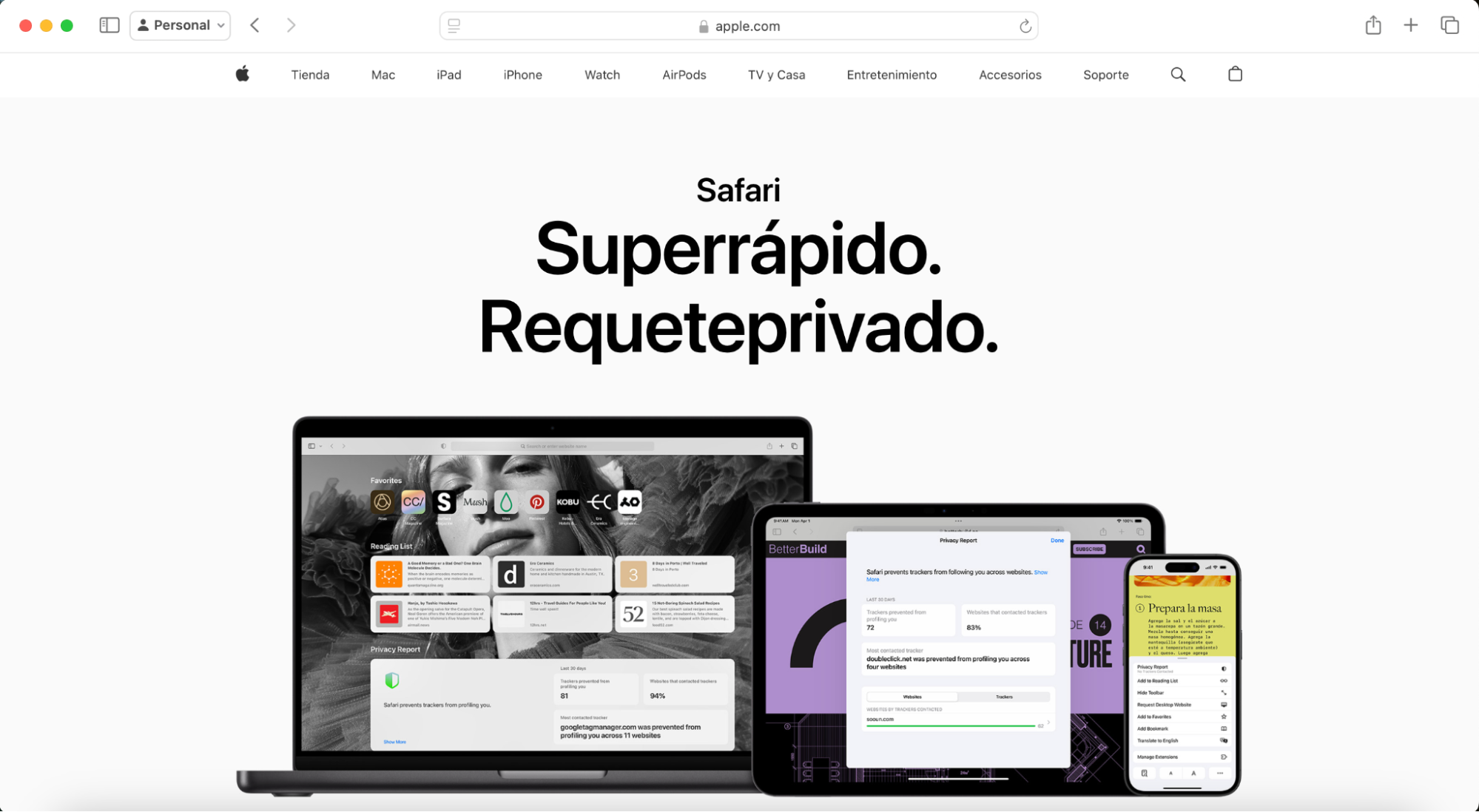 La primera opción de navegador para los usuarios de Apple es Safari. Es conocido por su perfecta integración con el software macOS y el ecosistema de Apple. Safari cuenta con una interfaz fácil de usar y también te protege en línea contra amenazas maliciosas, manteniendo tus datos seguros al bloquear el acceso a páginas web no fiables.