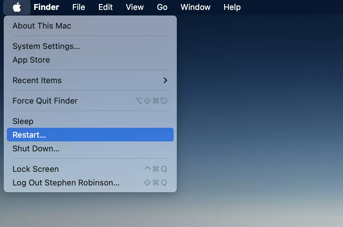 Restarting your computer is the primary solution toe the malfunctioning USB issue. To restart your Mac, click the Apple logo in the menu bar and select the Restart option.