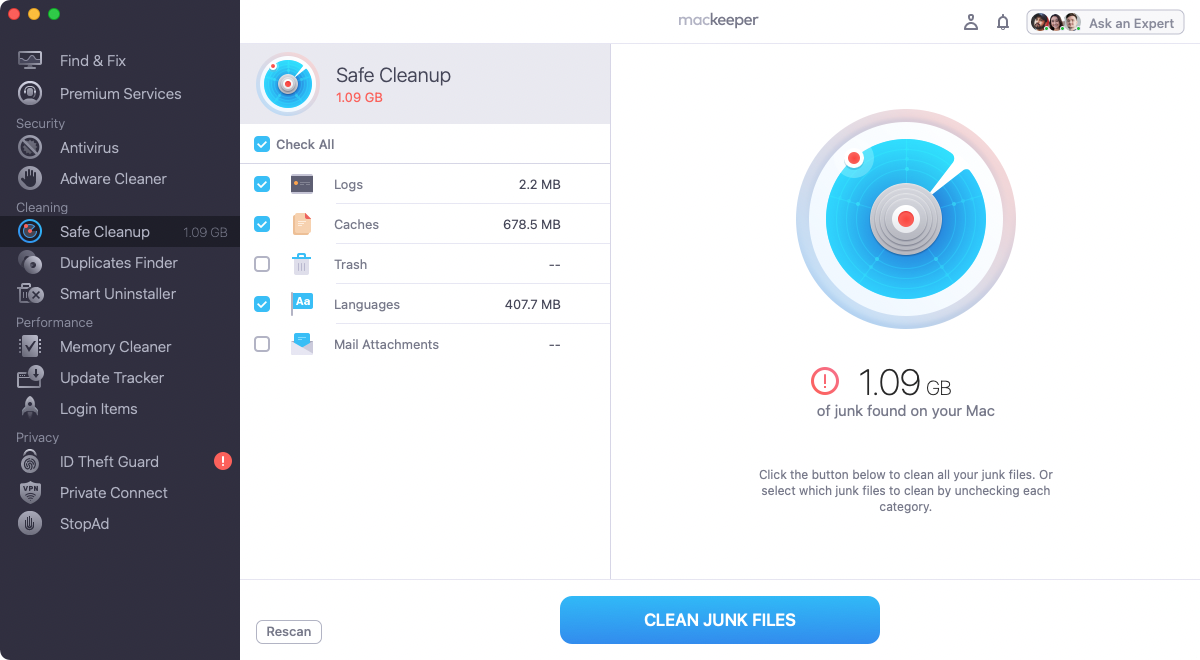 Safe Cleanup feature in MacKeeper.