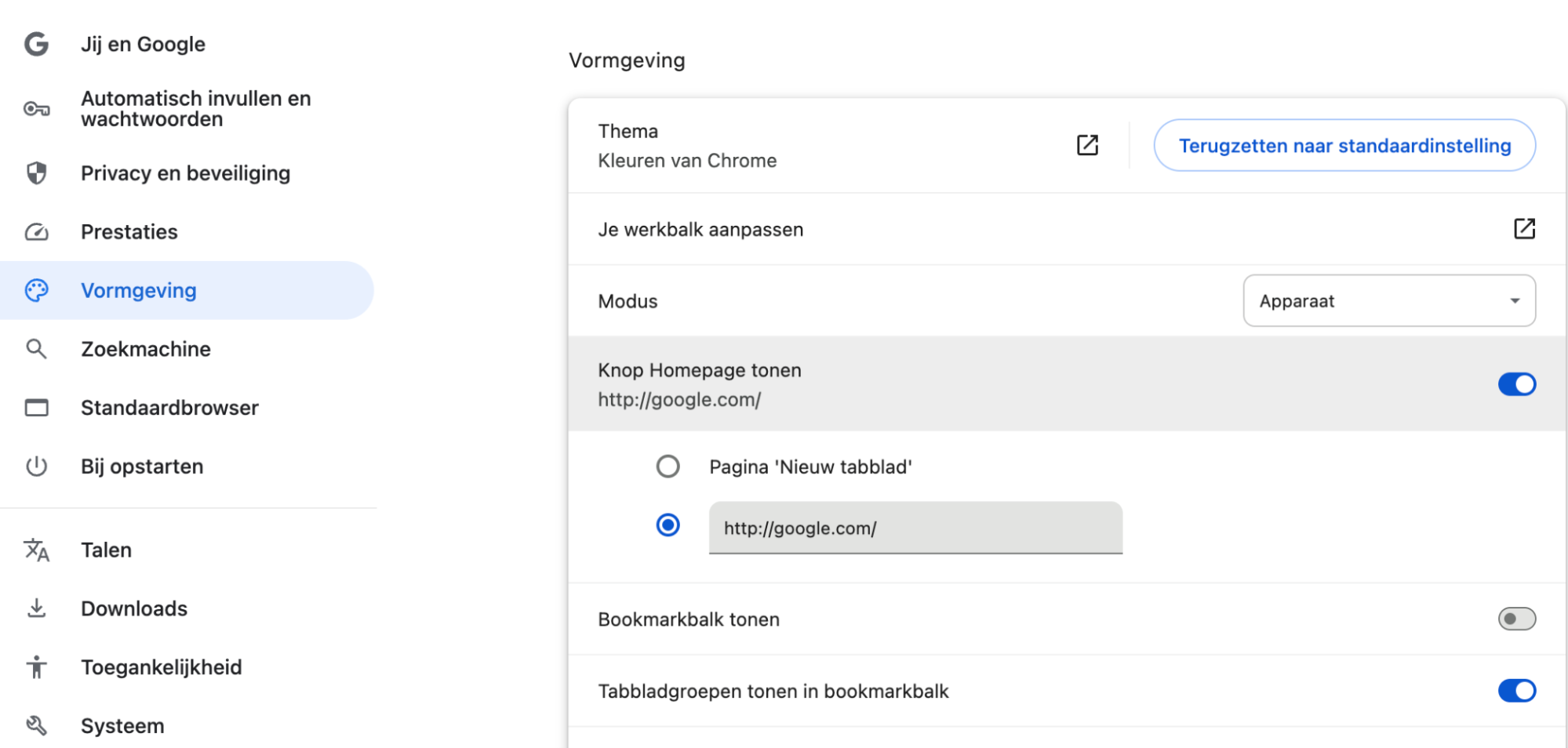 Onder Weergave > Startknop weergeven kun je instellen waar de startknop je naartoe brengt. Als de URL niet klopt, kun je die hier aanpassen.