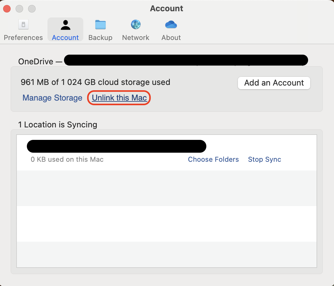 In the Account tab, click Unlink this Mac, confirm the action, and disconnect your device from the current OneDrive account.