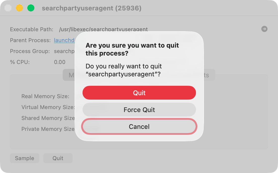 You'll see a final confirmation window. From here, click the 'Quit' or 'Force Quit' button, and this will immediately shut down searchpartyuseragent.