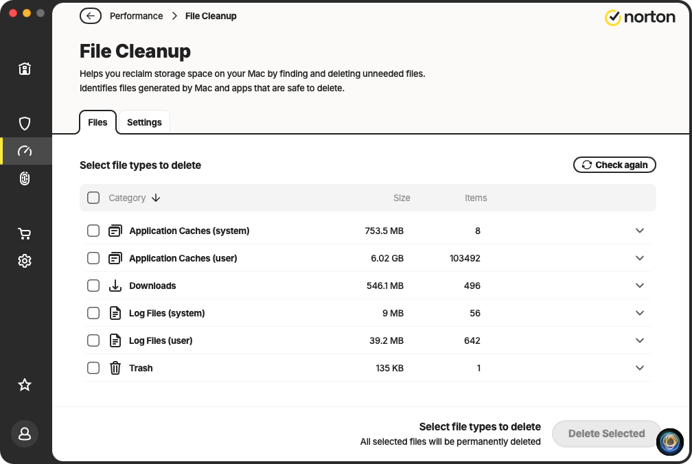 Run Norton's File Cleanup tool, and it will scan your Mac for unneeded data that you can safely delete. That includes caches files, downloads, and log files.