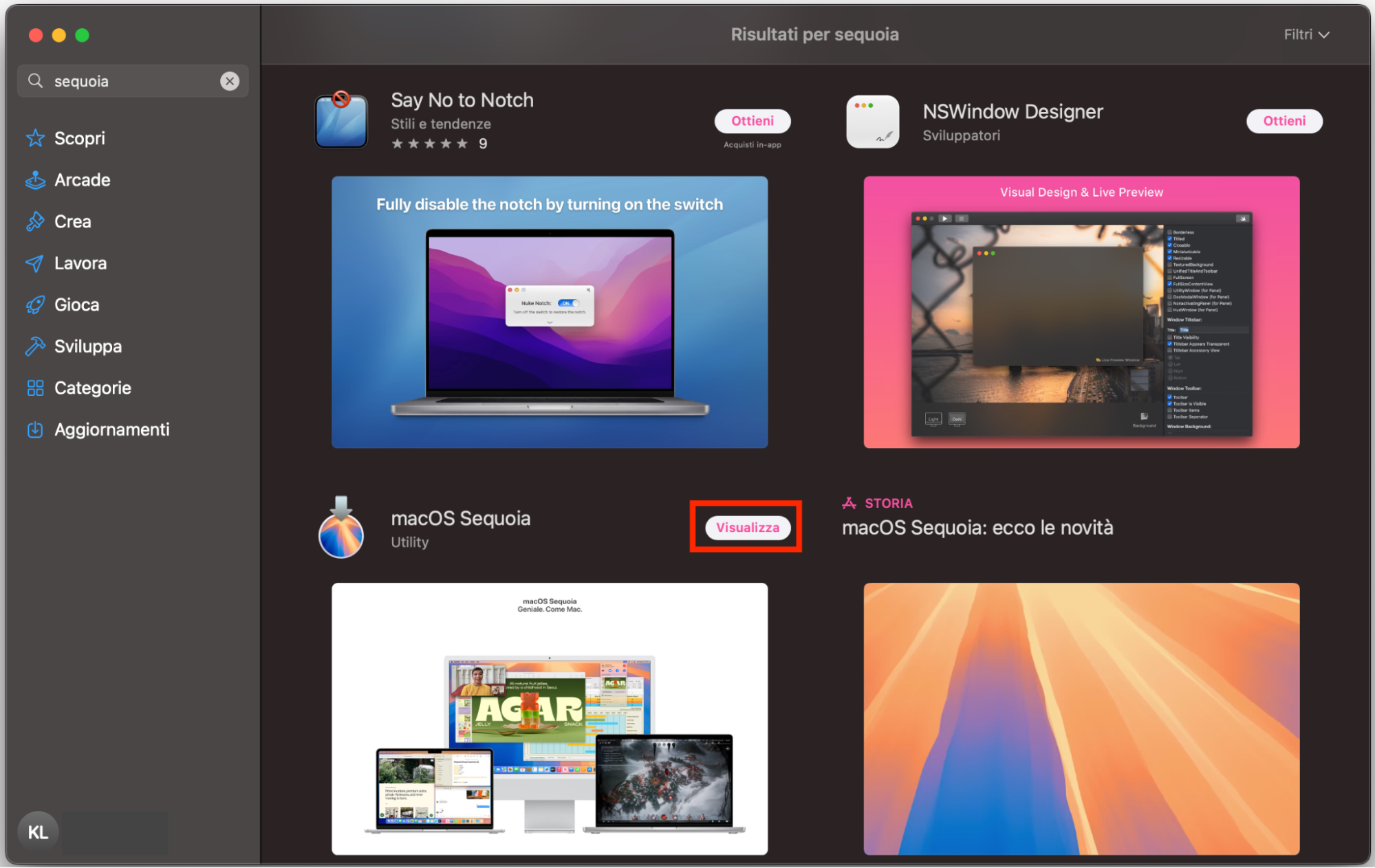 Per aggiornare la tua versione di macOS, clicca sull’icona dell’Apple Store, digita Sequoia, trova macOS Sequoia e clicca su Visualizza.