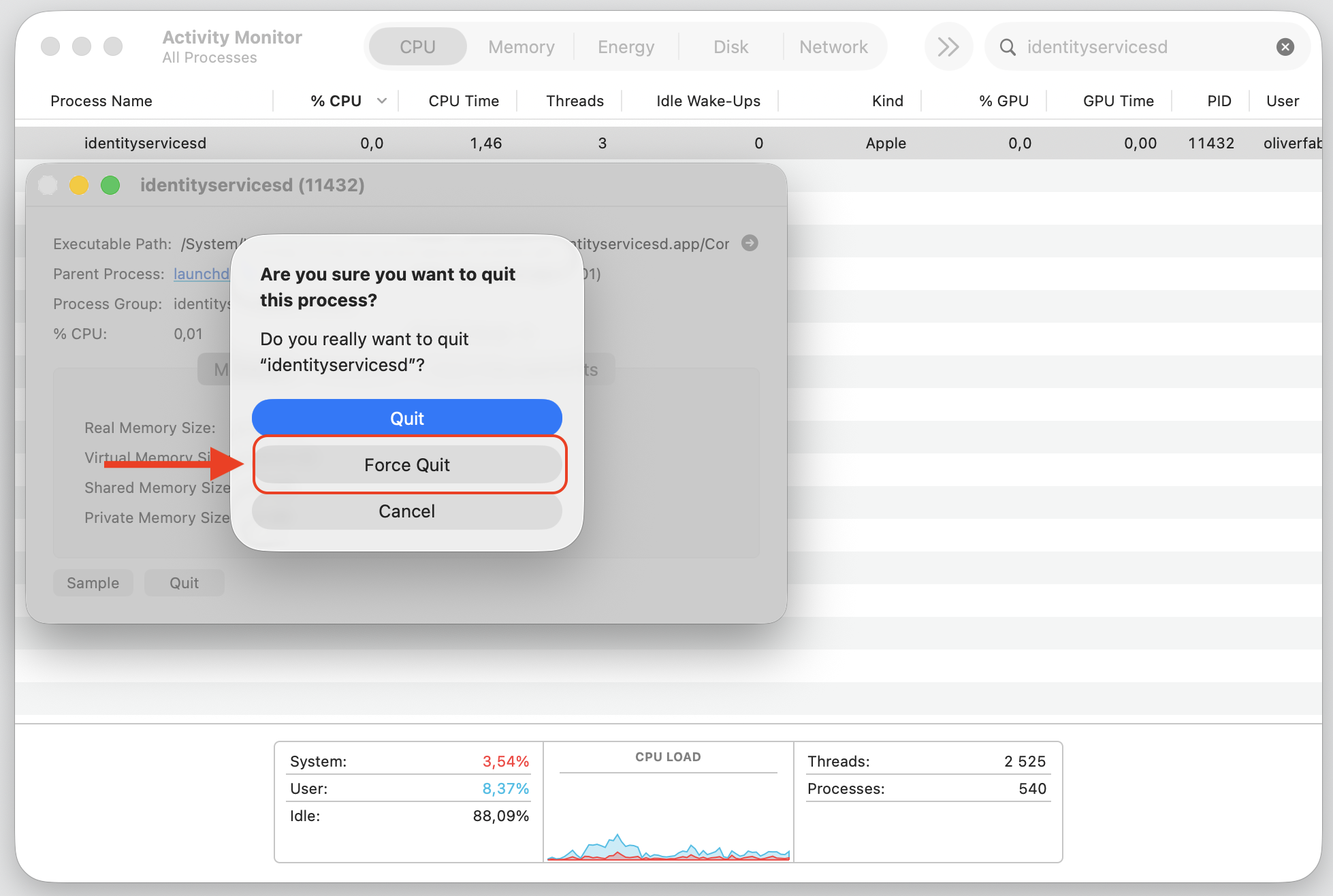 Activity Monitor dialog on a MacBook asking to confirm quitting identityservicesd, with the Force Quit button highlighted on macOS.