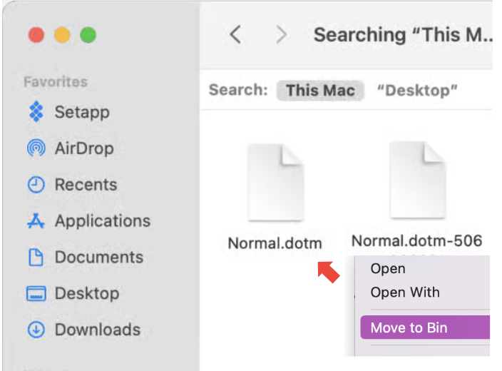 You’ll then need to look for the files names Normal.dotm. Once you’ve found it, right click and press Move to BIn. This will remove all old templates so that when you reopen Word it’ll refresh with updated versions.