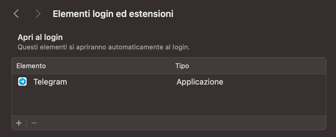 Se non riesci a svuotare il cestino su Mac, potresti dover chiudere programmi e disattivare gli elementi di accesso. Vai su Impostazioni di Sistema > Generali > Elementi login ed estensioni e premi l'icona meno.