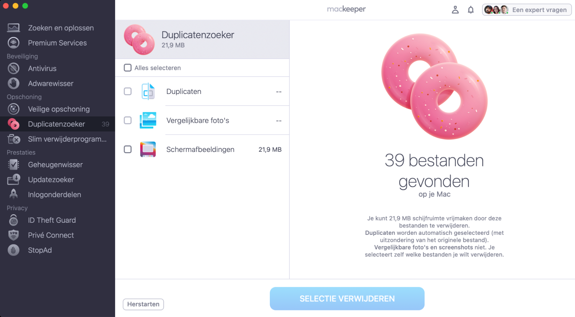 De MacKeeper-app toont de functie Duplicatenzoeker die een controle uitvoert en dubbele foto’s verwijdert.
