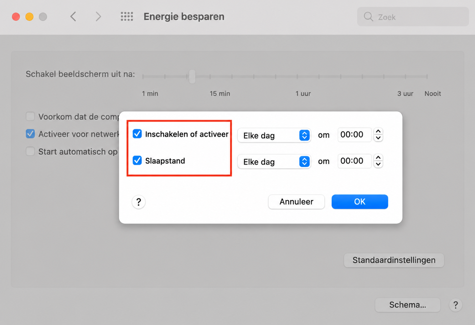 Kies in het planningsvenster wanneer je wilt dat je Mac wordt ingeschakeld of ontwaakt en wanneer hij in de slaapstand gaat of wordt uitgeschakeld.
