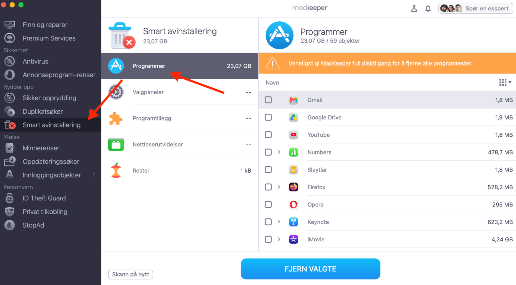 MacKeeper på Mac viser Smart avinstallering-verktøyet. Klikk på Apper for å se en liste over alle appene du kan fjerne fra Macen din.
