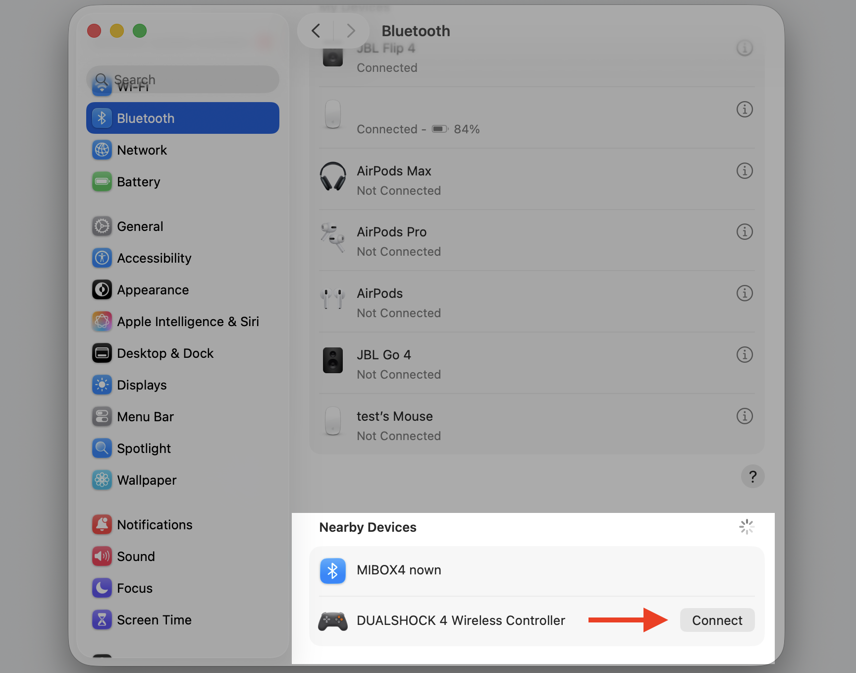 macOS System Settings Bluetooth screen on an iMac showing Nearby Devices, where you select and Connect a device to reset bluetoothd.