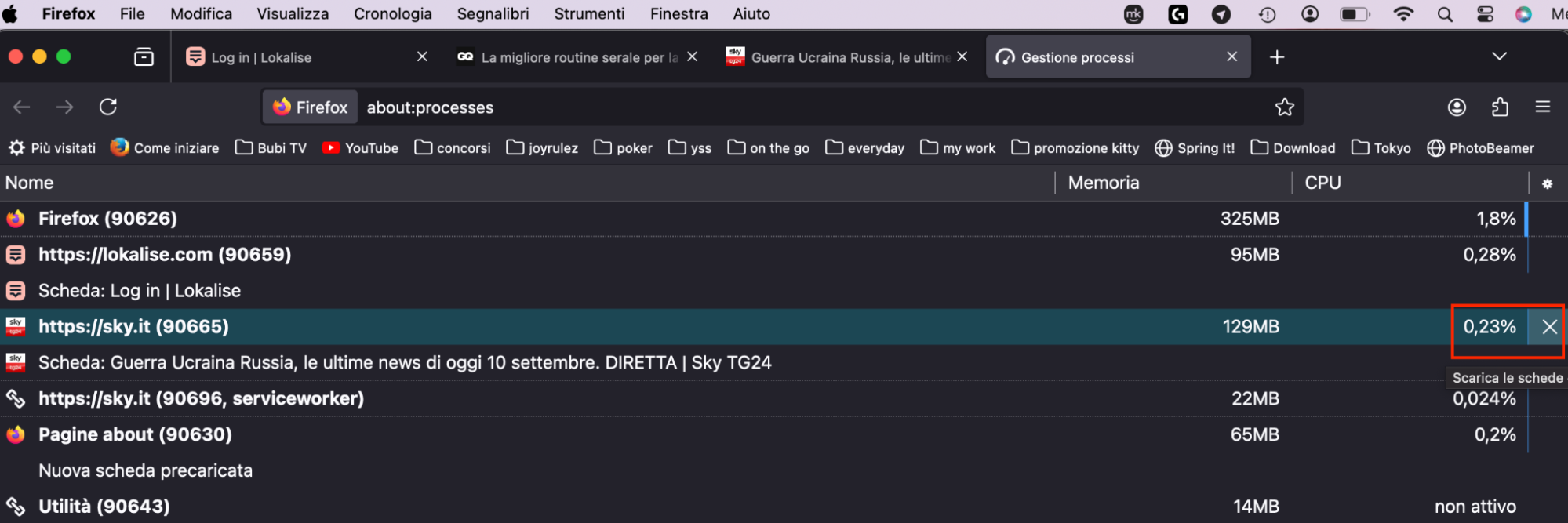 Scorri l’elenco dei processi attualmente in esecuzione in Firefox. Puoi ordinarli in base all’utilizzo di memoria o CPU, quindi chiudere quelli che stanno rallentando il tuo Mac.